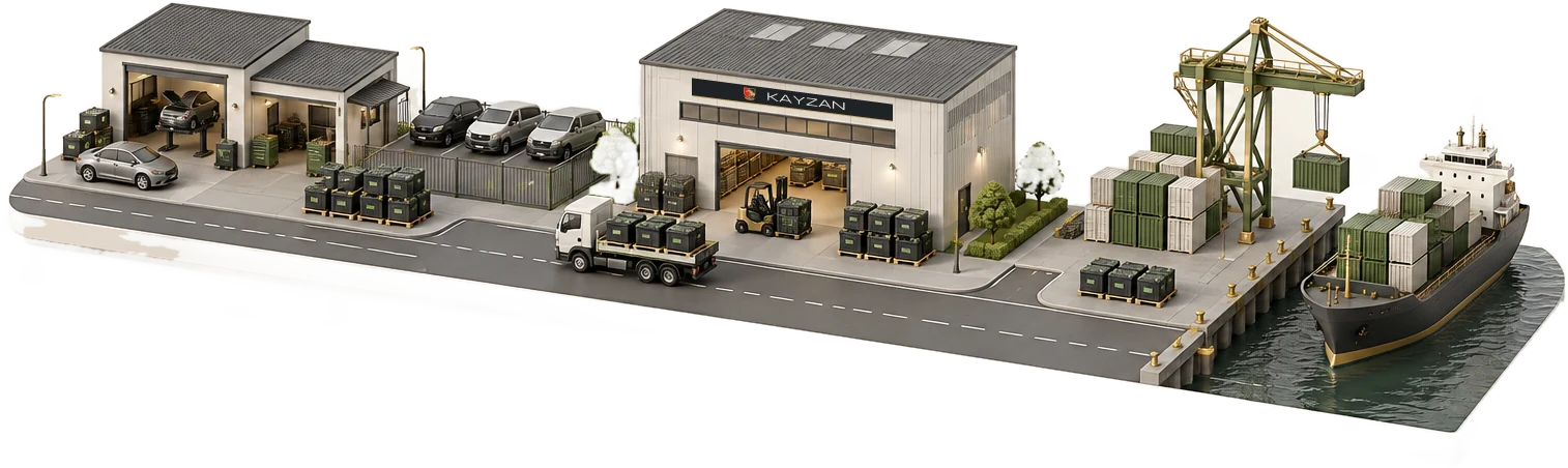 Illustration of the chain: garages and fleets hand over used batteries, Kayzan's licensed facility collects and packs them, and the material ships from port to buyers abroad