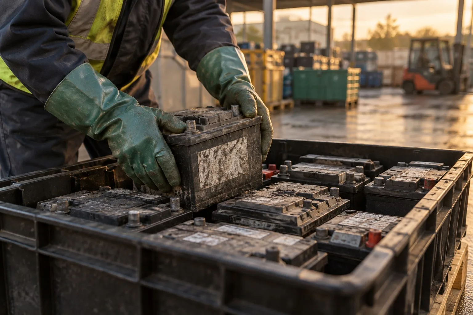 Gloved hands placing a used car battery into an acid-proof collection box