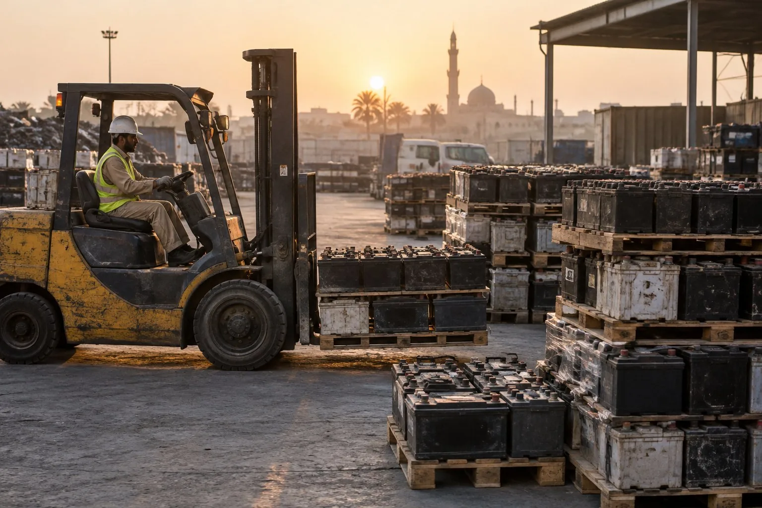 Used batteries on pallets in a collection yard
