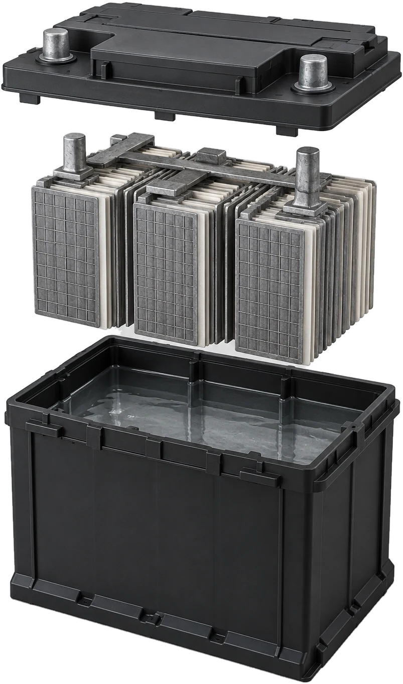 Exploded view of a lead-acid battery: lid with terminals, lead plate pack, and case holding acid
