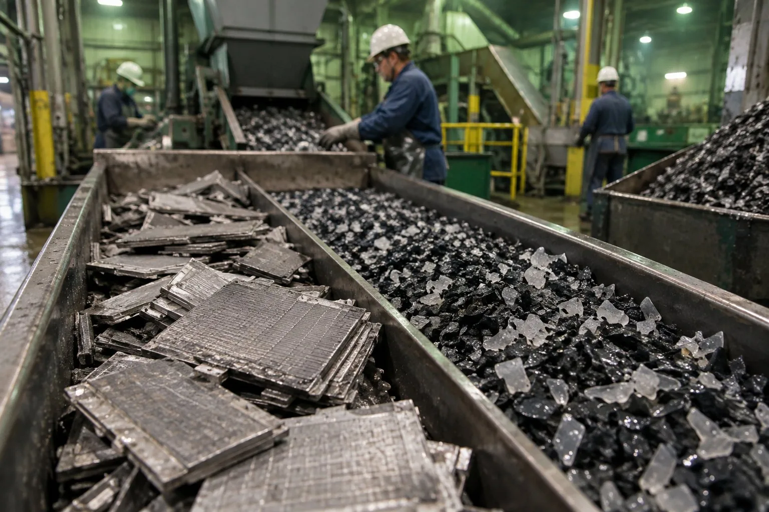 Lead plates and plastic chips separated on a conveyor